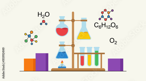 Laboratory equipment and chemical compounds illustration.