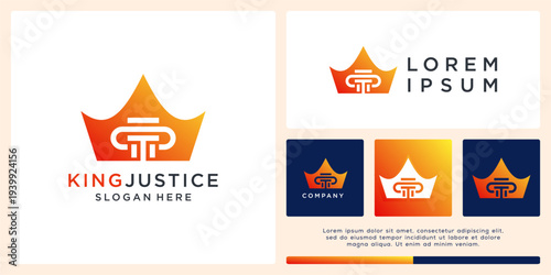 King justice logo design template with crown and pillar