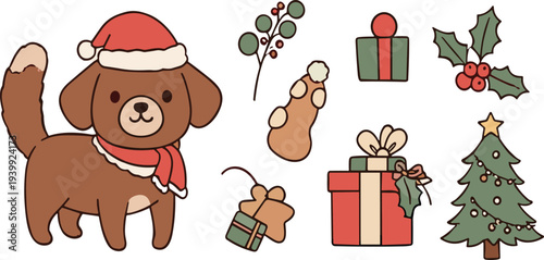 Cute Christmas dog character with Santa hat scarf gifts holly tree festive holiday kawaii animal vector illustration set