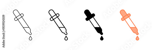 Set of minimalist dropper icons with transparent background, depicting liquid measurement, medical applications, laboratory equipment, and design color tools, vector illustration