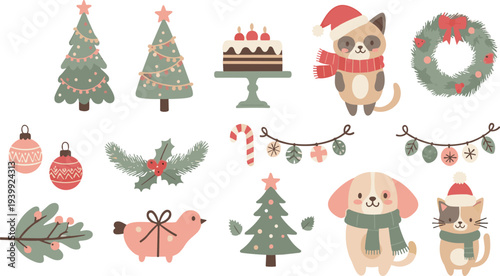 Cute Christmas Holiday Elements Set with Kawaii Animals Tree Wreath Cake Ornaments Candy Cane Festive Vector Illustration