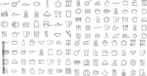 vector set of kitchenware and cooking utensil line art icons isolated