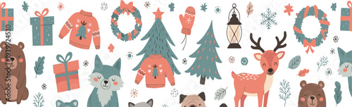 Cute Christmas winter elements collection with animals gifts sweaters wreaths and trees festive holiday cartoon vector illustration set