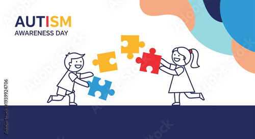 Young boy and girl playing with large colorful jigsaw puzzle pieces to promote global autism awareness and inclusivity for all children.