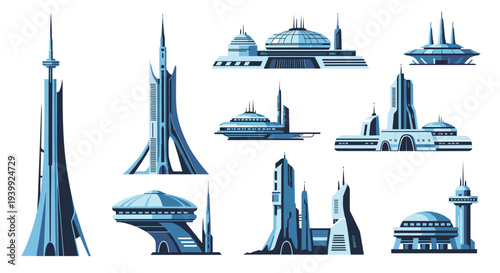 Comprehensive set of various futuristic sci-fi building designs with advanced architecture and sleek metallic structures for cityscapes.