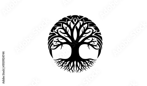 Black Tree of Life Icon with Roots Vector Illustration Isolated on White