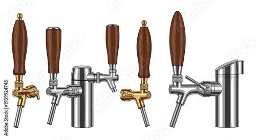 Selection of high-quality beer tap handles with elegant wooden grips and polished metallic dispensers for bar and restaurant use.