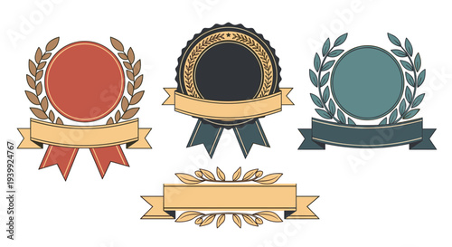 Elegant set of award medal designs featuring circular badges with colorful ribbons, laurel wreaths, and blank spaces for custom text.