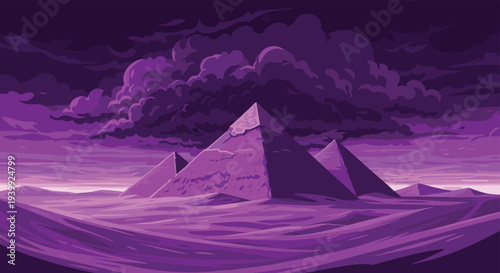 Surreal desert landscape featuring majestic pyramids under a heavy purple cloudy sky with rolling sand dunes in a monochrome color palette.