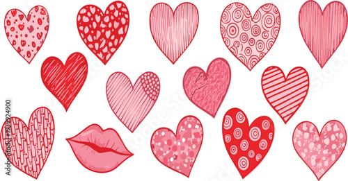 Cute hand drawn hearts collection with romantic patterns and lips valentine love symbols vector illustration set