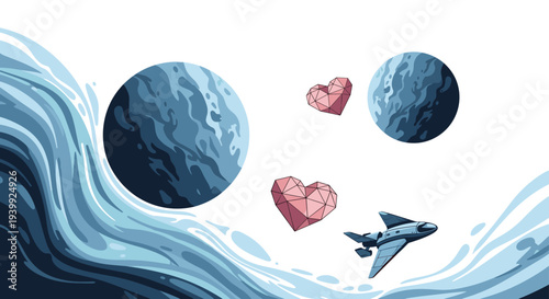 Creative space scene featuring a futuristic jet flying between planets and heart-shaped asteroids amidst swirling cosmic blue clouds.
