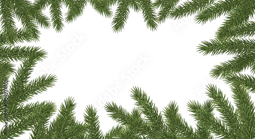Decorative border frame composed of thick green pine tree branches and needles encircling a central white space for holiday messages.