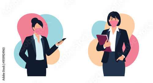 Two professional businesswomen wearing protective face masks and stylish suits while holding a mobile phone and a dark folder.