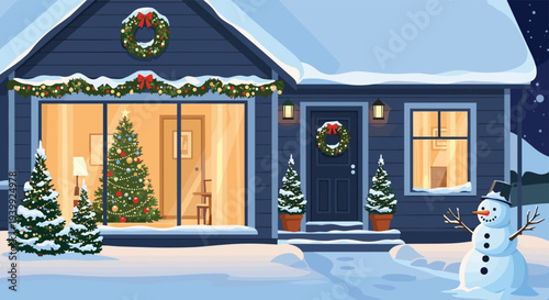Beautifully lit suburban home at night during winter decorated with festive Christmas wreaths, garlands, and a snowman in the yard.