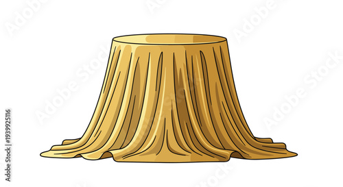 Round table draped with a long elegant gold fabric tablecloth reaching the floor, isolated on a clean white background.