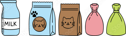 Cute hand drawn pet food packaging set with milk bottle cat food bag and treat pouches doodle vector illustration