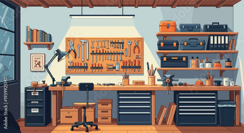 Detailed pixel art illustration of a well-organized workshop with a workbench, pegboard full of tools, and storage shelves.