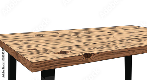 Perspective view of a solid wooden tabletop with natural grain and knots supported by black metal legs on a white background.