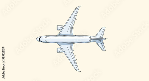 Overhead view of a white commercial passenger jet airplane flying solo against a light cream colored background landscape.