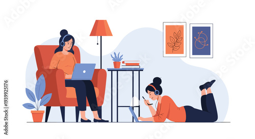 Two young women relaxing at home while working or studying on their laptops in a cozy living room with a lamp and plants.
