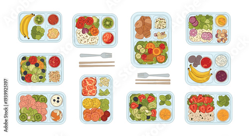 Diverse collection of healthy meal prep containers filled with fresh salads, fruits, vegetables, and grains for a balanced diet.