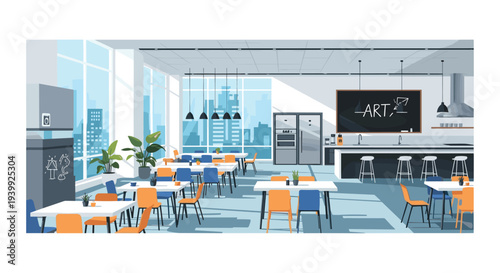 Spacious and modern office cafeteria with rows of tables and chairs, large windows, and a fully equipped kitchen area.