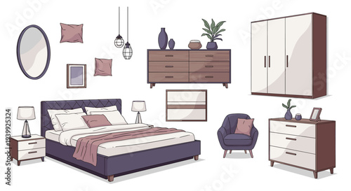 Comprehensive set of modern bedroom furniture items featuring a large bed, dressers, a wardrobe, an armchair, and decor.
