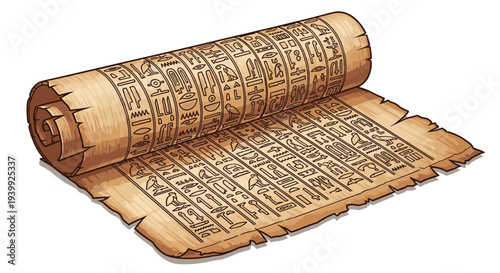 Detailed illustration of an unrolled ancient Egyptian papyrus scroll covered with mysterious black ink hieroglyphs.