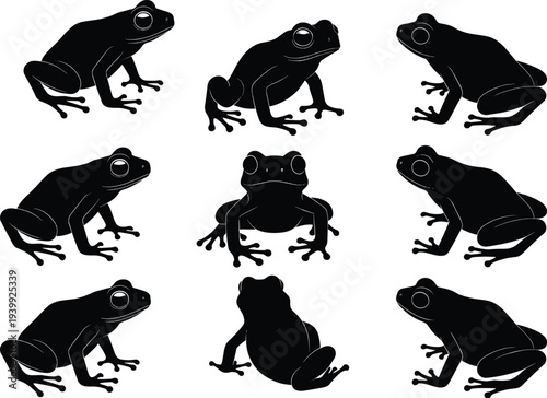 Black silhouette frog set, various sitting and crouching poison dart frogs poses, amphibian wildlife icons collection isolated on white background vector illustration.