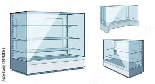 Three perspective views of empty glass display cases or refrigerated shelving units for a retail store or supermarket.