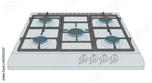 Top view of a modern silver gas cooktop with five burners ignited and showing bright blue gas flames, isolated on white.