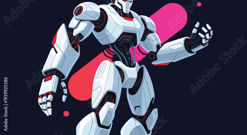 Close-up of a powerful white humanoid robot with red accents standing against a dark background with pink shapes.