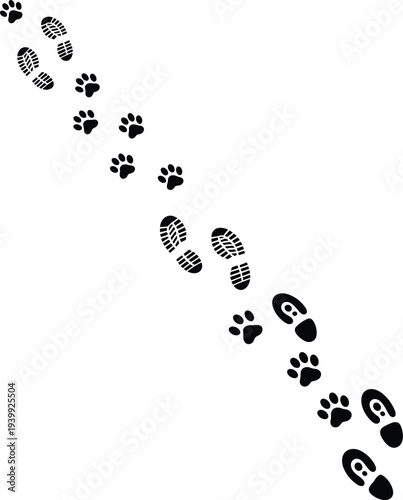 Black silhouette mixed animal paw prints and human footprints trail path, pet dog owner walking journey companionship adventure track vector illustration design