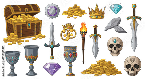 Big collection of fantasy game assets including a treasure chest, gold coins, swords, crowns, chalices, and skulls.