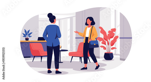 Two professional women standing and conversing in a modern office reception lobby with chairs and a large plant.