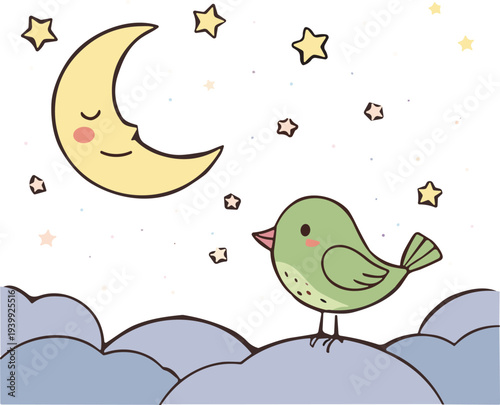 Cute sleeping crescent moon with stars and little bird sitting on clouds, dreamy night sky cartoon vector illustration