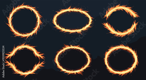Collection of various circular and oval fire frame elements with realistic flame effects isolated on a dark background.