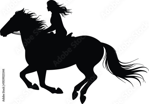 Black silhouette of beautiful woman rider galloping on horse, flowing long hair, dynamic equestrian sport action, freedom power grace vector illustration