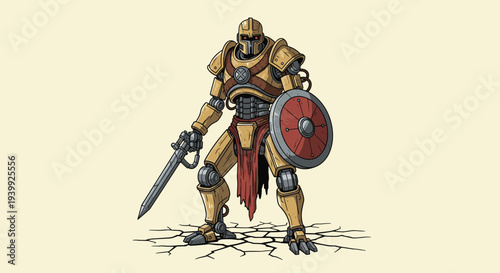 Powerful robotic gladiator warrior equipped with a sword and shield standing on a cracked ground in a clean illustration.