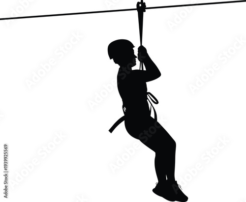 Black silhouette of adventurer on zip line, person in helmet harness sliding down cable, extreme sport adventure thrill excitement vector illustration