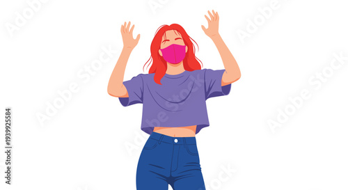 Stylish young woman with vibrant red hair wearing a purple t-shirt and pink face mask with her hands raised in excitement.