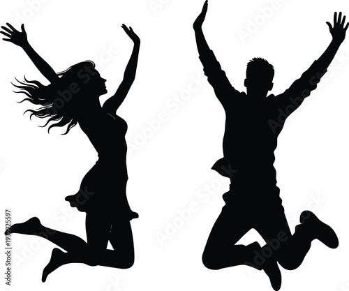 Black silhouette of joyful young woman and man jumping high with raised arms, celebrating success victory freedom happiness energy dynamic pose vector illustrationBlack silhouette 