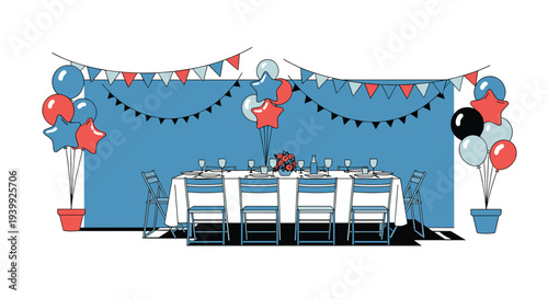 Elegantly set outdoor celebration dining table decorated with blue and red balloons, bunting, and flags for a party.
