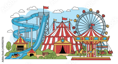Colorful amusement park or fairground featuring a circus tent, ferris wheel, carousel, and water slides under a blue sky.