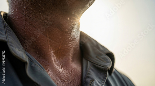 Sweating Black Man's Neck Close-Up with Sun Flare After Outdoor Workout