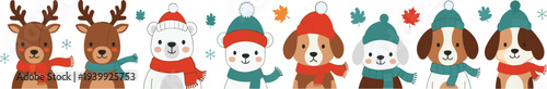 Cute winter animals wearing hats and scarves cartoon vector set with reindeer bear and dogs festive holiday characters