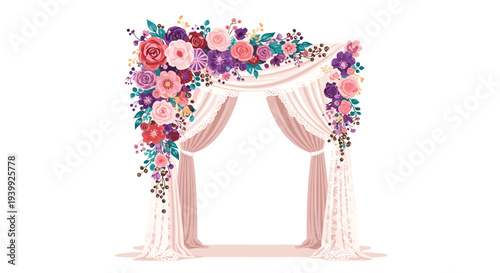 Beautiful floral wedding arch decorated with roses and lilies in shades of pink, purple, and red with elegant drapes.