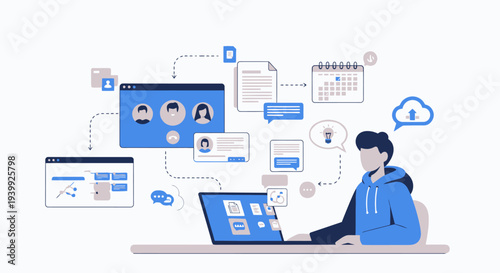 Man working on laptop with digital icons and charts