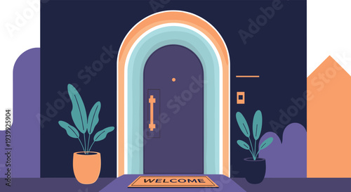 Inviting home entrance with a dark door, rainbow arch wall, potted plants, and a welcome mat on a purple porch floor.