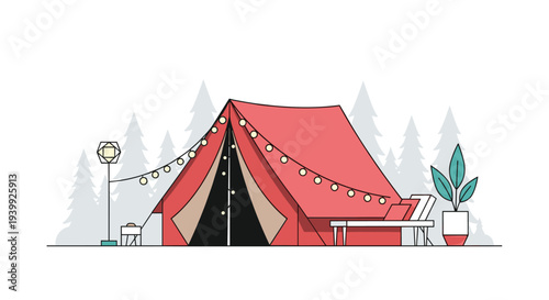 Stylish glamping setup with a large red tent decorated with string lights, a bed, and plants in a forest at night.